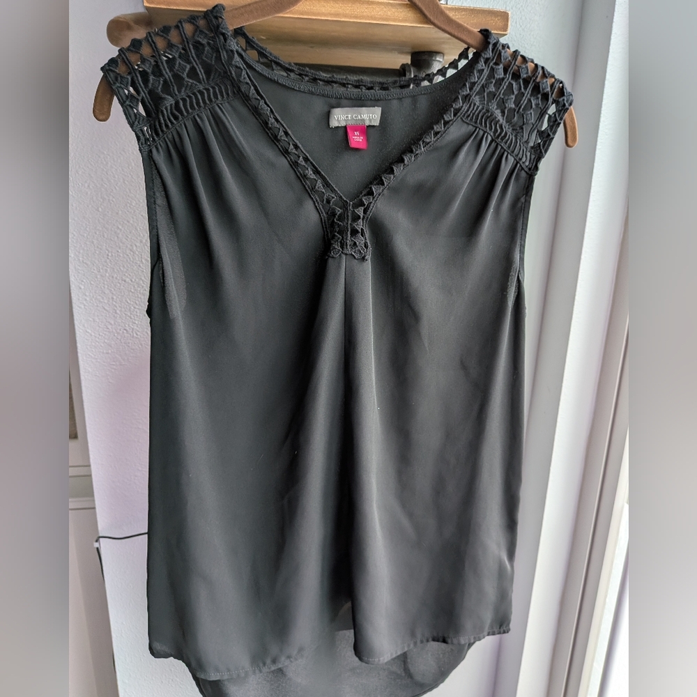 Vince Camuto Black Sleeveless Top with Crochet Yoke Detail - XS